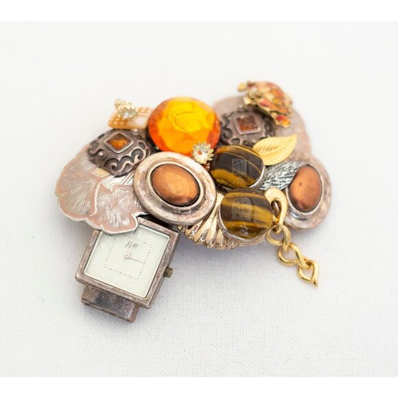 Steampunk Art Deco watch Brooch, Multi Stone Brooch, Tiger Eye Brooch - J1 - Picture 1 of 3